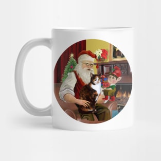 Santa at Home with His Calico Cat with a White Bib Mug